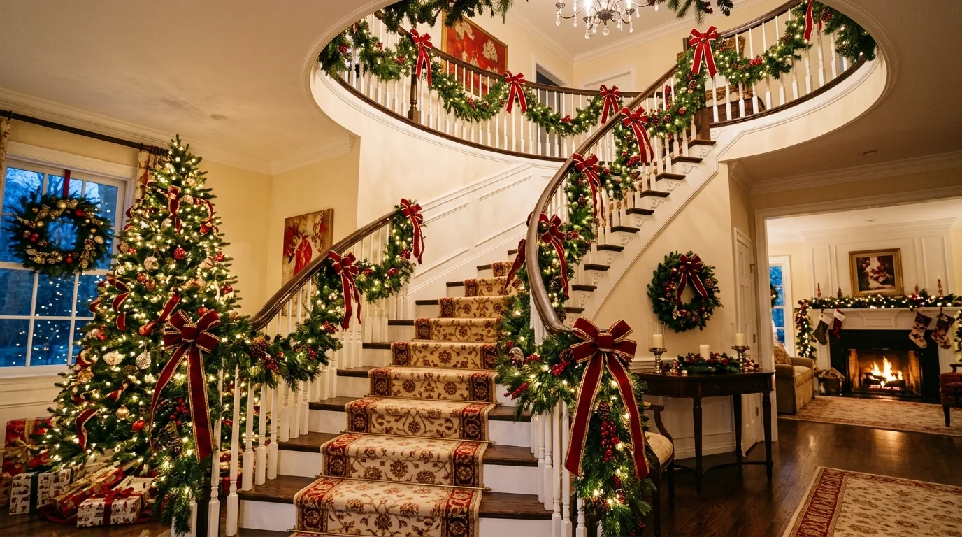 Elegant Christmas staircase decor creating a festive entryway focal point.